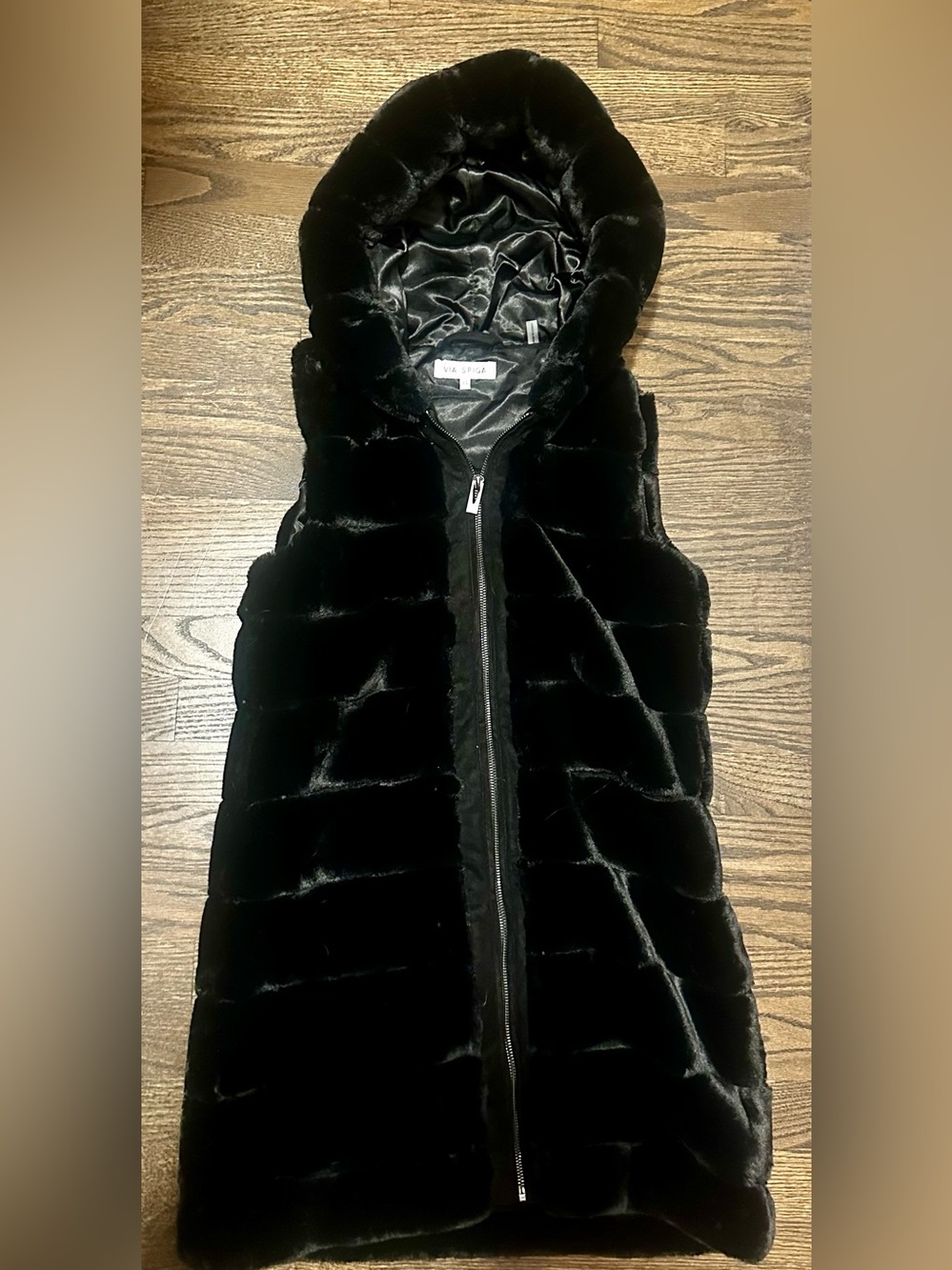 Via Spiga Black Faux Fur Hooded Vest - XS